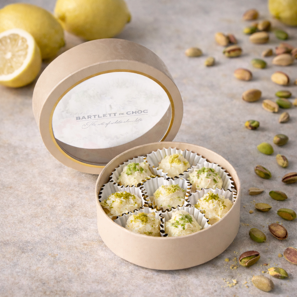 Chocolate Truffles Blonc. A beautiful dance between pistachio and lemon.