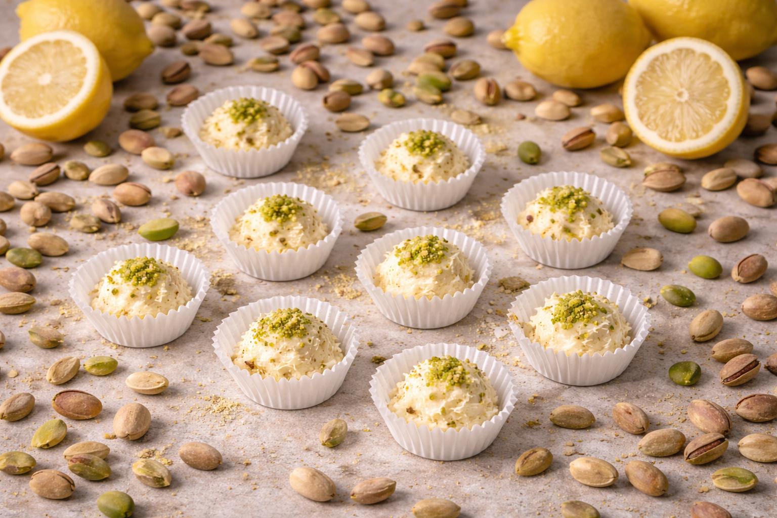 Chocolate Truffles Blonc. A beautiful dance between pistachio and lemon.